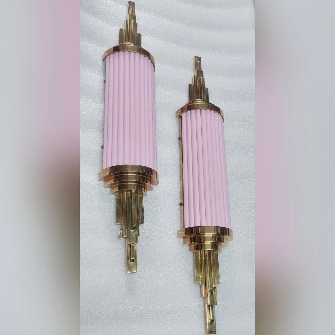 Pair Skyscraper Vintage Art deco light Old Lamp Wall Sconces Fixture Brass & Opaline Pink Glass R... | Etsy (US)