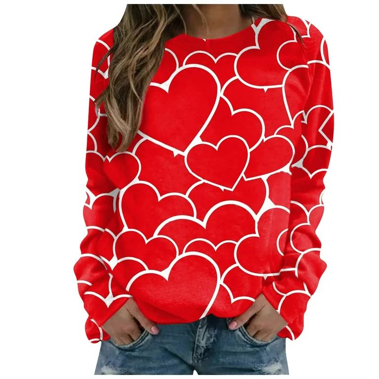 wsevypo Valentines Day Women's Heart Print Pullover Sweaters Round Neck Long Sleeve Slouchy Loose... | Walmart (US)
