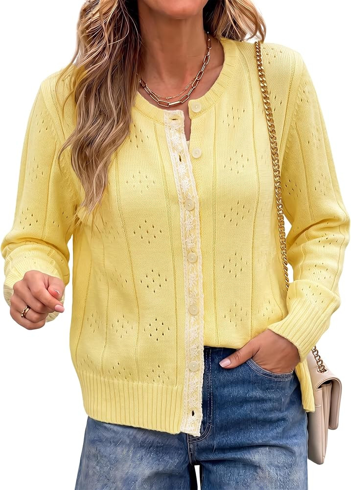 UATKIMI Women Lace Trim Cardigan Crochet Long Sleeve Button Knit Sweater | Amazon (US)
