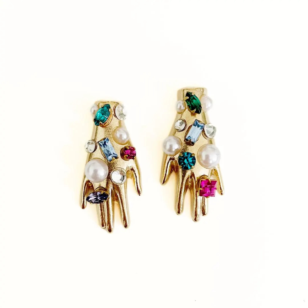 Rhinestone party mini hand earrings | Etsy (US)