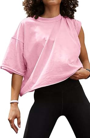 HUGOOME Womens Oversized Workout Crop Top Casual Short Sleeve Boxy Roll Hem | Basic Half Split Sl... | Amazon (US)