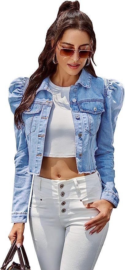 SOLY HUX Women's Puff Long Sleeve Raw Hem Button Down Crop Denim Jacket | Amazon (US)