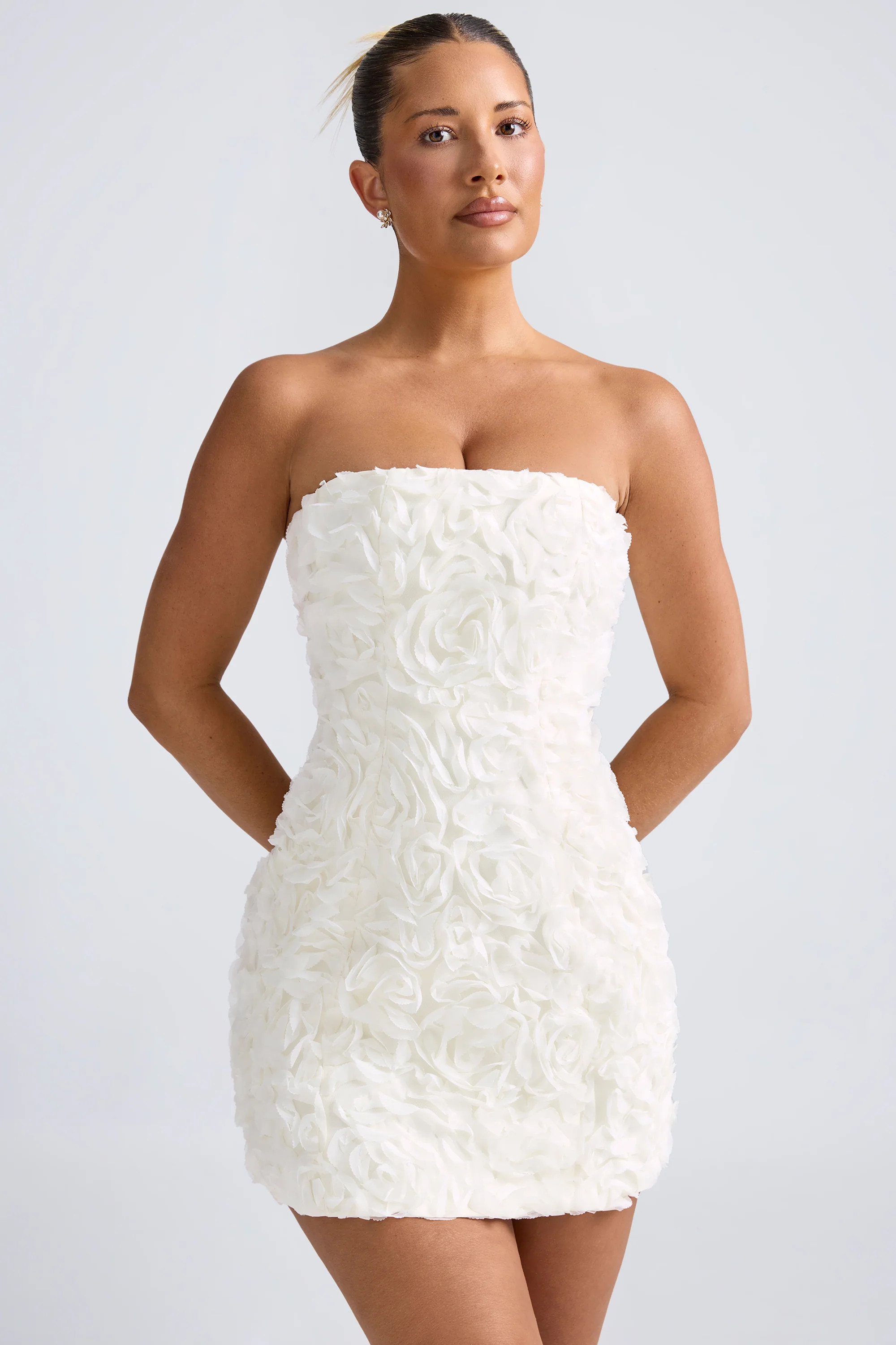 Floral-Appliqué Bandeau A-Line Mini Dress in White | Oh Polly