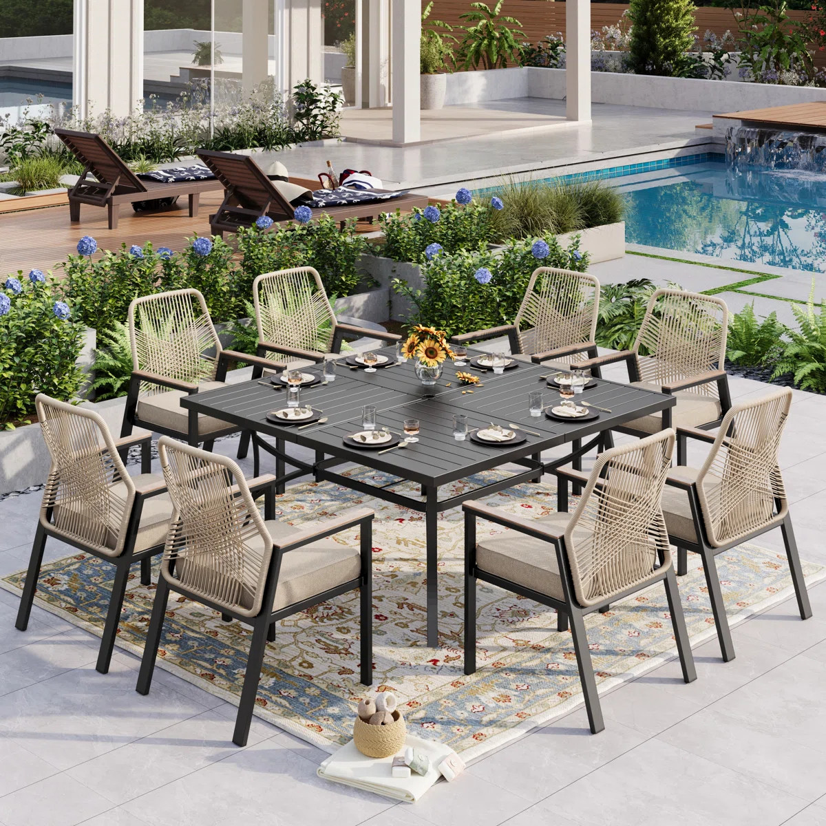 Dayshanay 8 - Person Square Outdoor Patio Dining Set With 8 Rattan Chairs & Cushions | Wayfair North America