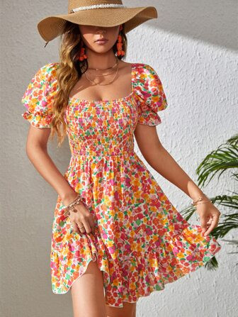 SHEIN WYWH Floral Print Puff Sleeve Shirred Tie Backless Dress | SHEIN