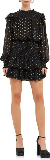 Endless Rose Metallic Dot Shirred Long Sleeve Chiffon Minidress | Nordstrom | Nordstrom