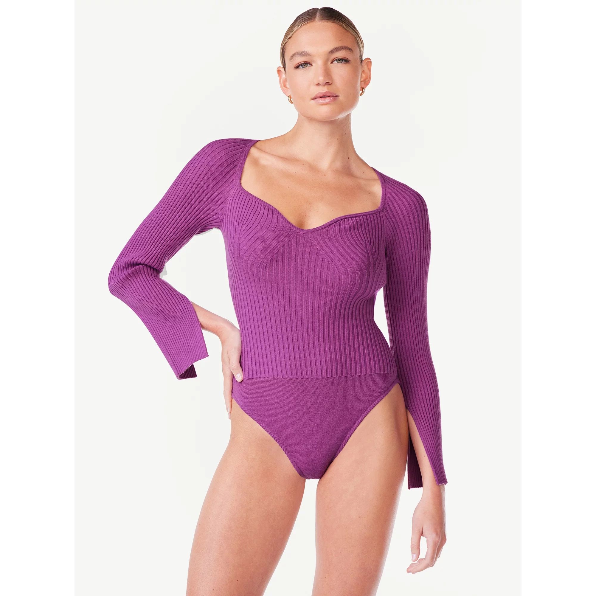 Scoop Women's Ribbed Bodysuit with Sweetheart Neck and Long Sleeves, Sizes XS-XXL | Walmart (US)