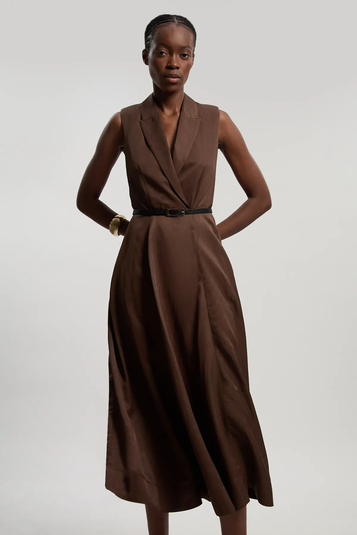Premium Viscose Linen Tailored Belted Full Skirted Midi Dress | Karen Millen