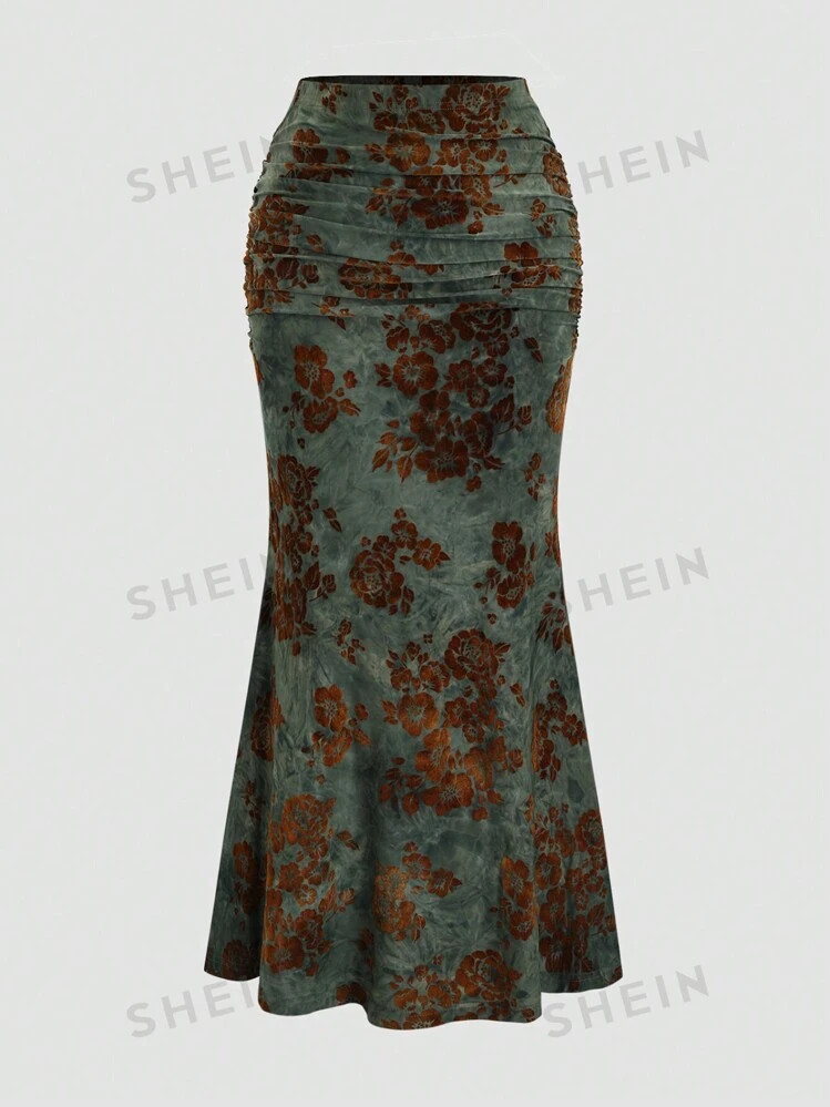 SHEIN Sweetro Women's Vintage Flocked Print Fish Tail Skirt For Autumn/Winter | SHEIN USA | SHEIN