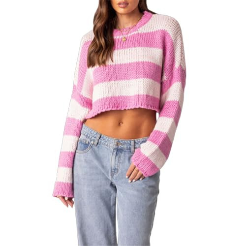 Women Striped Cropped Sweater Long Sleeve Crew Neck Loose Pullover Casual Aesthetic Knitted Crop Tops Streetwear (Pink, M) | Amazon (US)