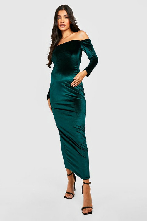 Maternity Velvet Off The Shoulder Midaxi Dress | Boohoo.com (US & CA)