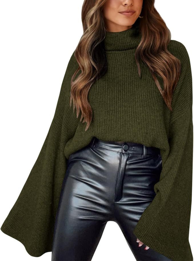 BTFBM Women's Turtleneck Pullover Sweaters 2023 Fall Winter Bell Long Sleeve Slouchy Oversized Ri... | Amazon (US)