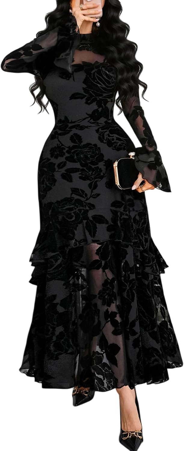GothDark Women Floral Maxi Dress Bell Sleeve Party Wedding Guest Dresses | Amazon (US)
