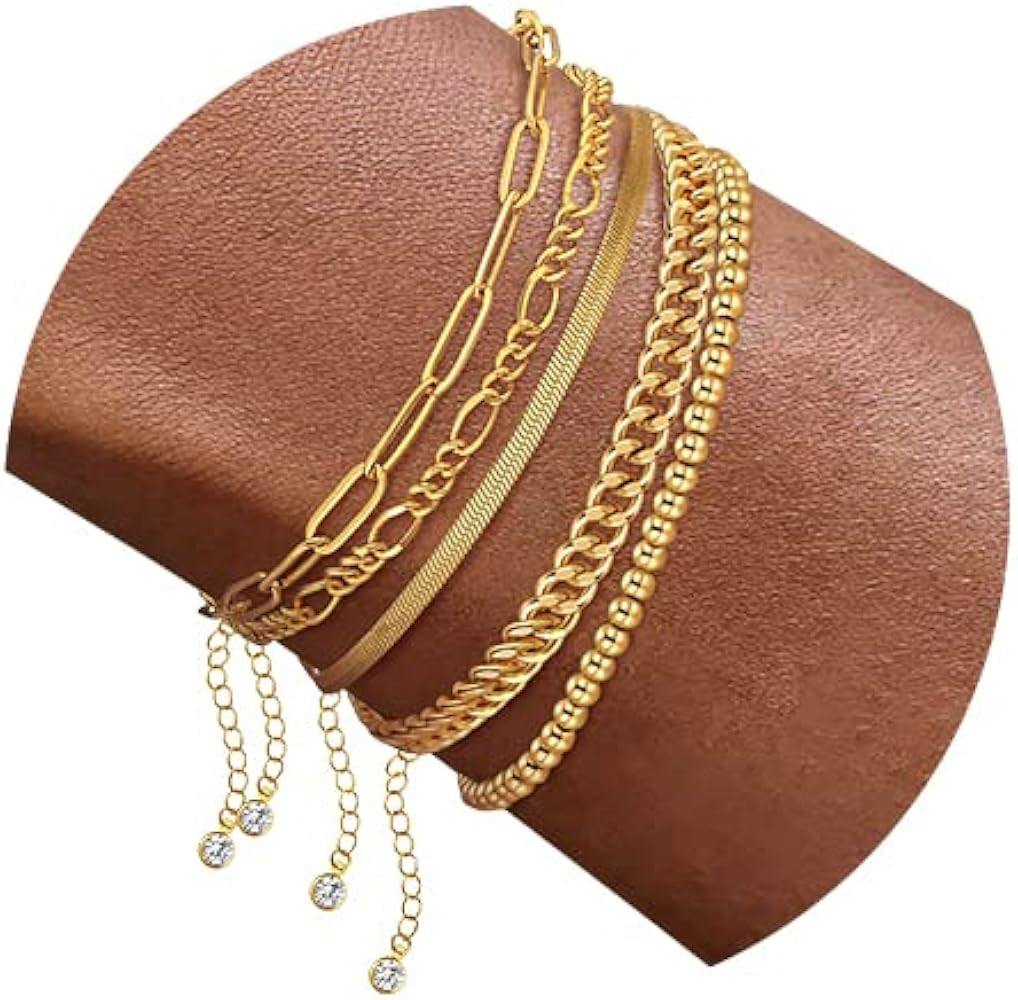 Gokeey Gold Bracelets for Women, 14K Real Gold Plated Bracelet Jewelry Sets Gold Beaded Cuban Pap... | Amazon (US)