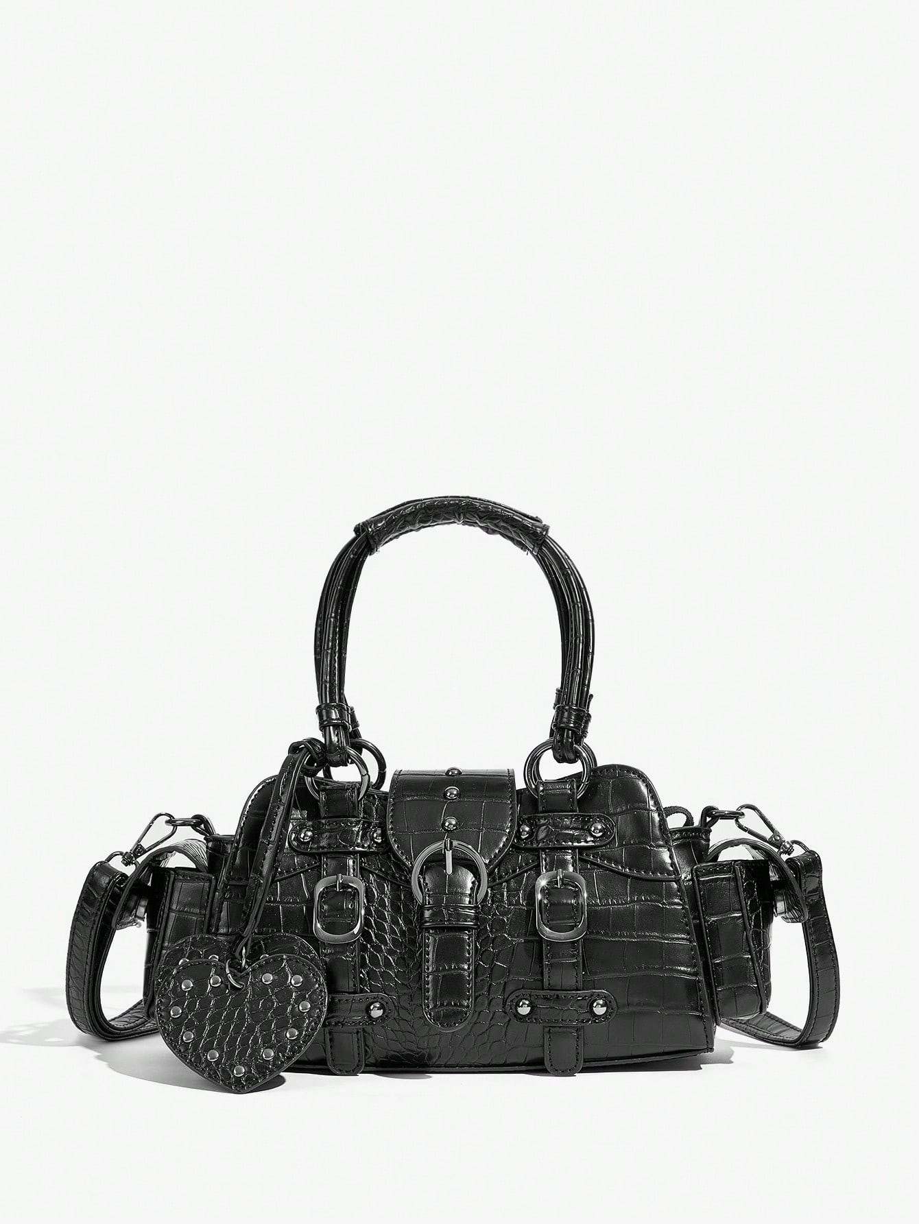 SHEIN ICON Women's Fashion New Sweet Cool Y2K Heart Pendant Vintage Motorcycle Hand Held Tote Bag, Street, Y2K, Retro, Top Handbag, Tote Bag, Black, Cool, Rivets, Street, Y2K, Retro, Heart, Biker Style, Bag For School, Teenagers, Y2k Bag, 2000s Fashion Style, Gothic Punk Bag For Women, New Arrival Tote Bags For Woman | SHEIN