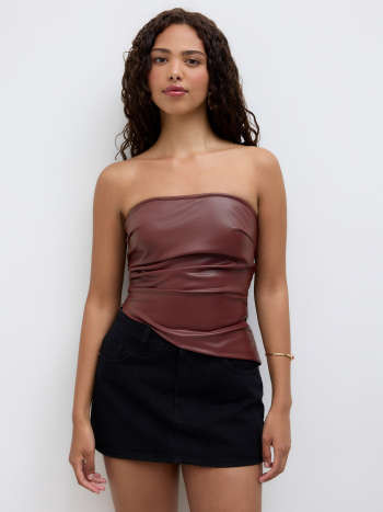 Faux Leather Asymmetrical Hem Ruched Bandeau Top | Cider