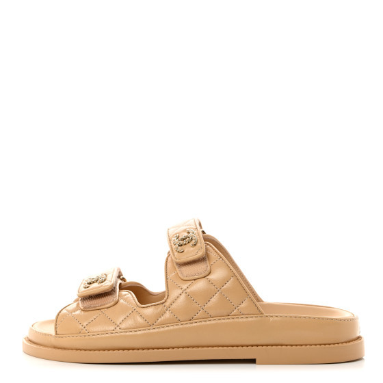 Lambskin Quilted Velcro Dad Chain CC Slide Sandals 36 Beige | FASHIONPHILE (US)