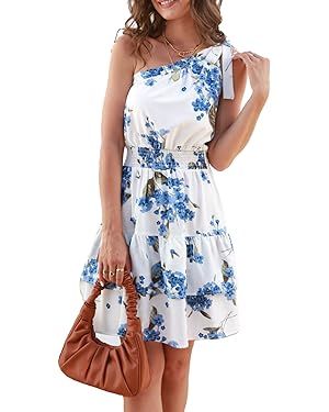 PRETTYGARDEN Women's Summer Tie One Shoulder Boho Floral Dress Elastic Waist Tiered Ruffle A Line... | Amazon (US)