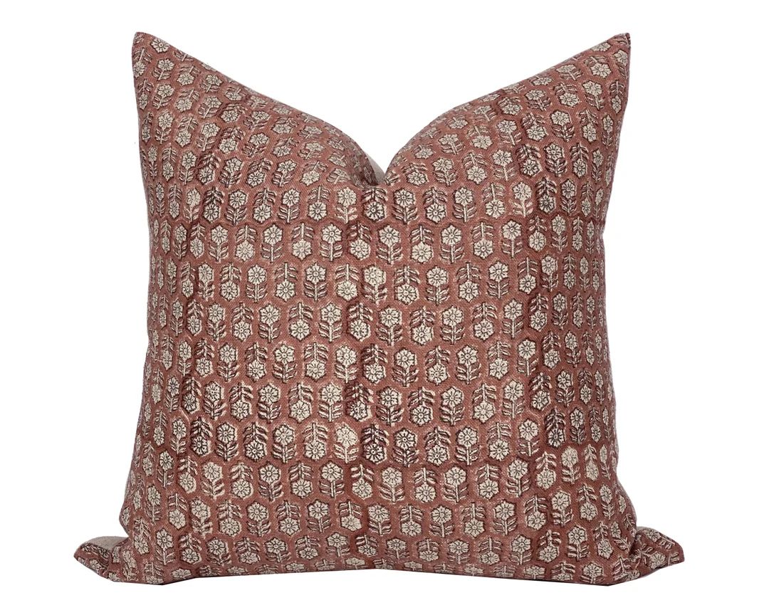 MARGEAUX | Designer Dark Amber Floral Linen Pillow Cover, Block Print Pillow, Rust Color Pillow, ... | Etsy (US)