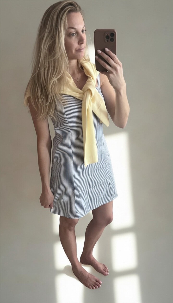 Perfect summer combination: seersucker and butter yellow. Wearing size medium tall in this @abercrombie dress and sweater. The best part is the dress has built in biker shorts! Very comfortable 

#ambercrombie #ootd 

#LTKSaleAlert #LTKSeasonal #LTKmomlife