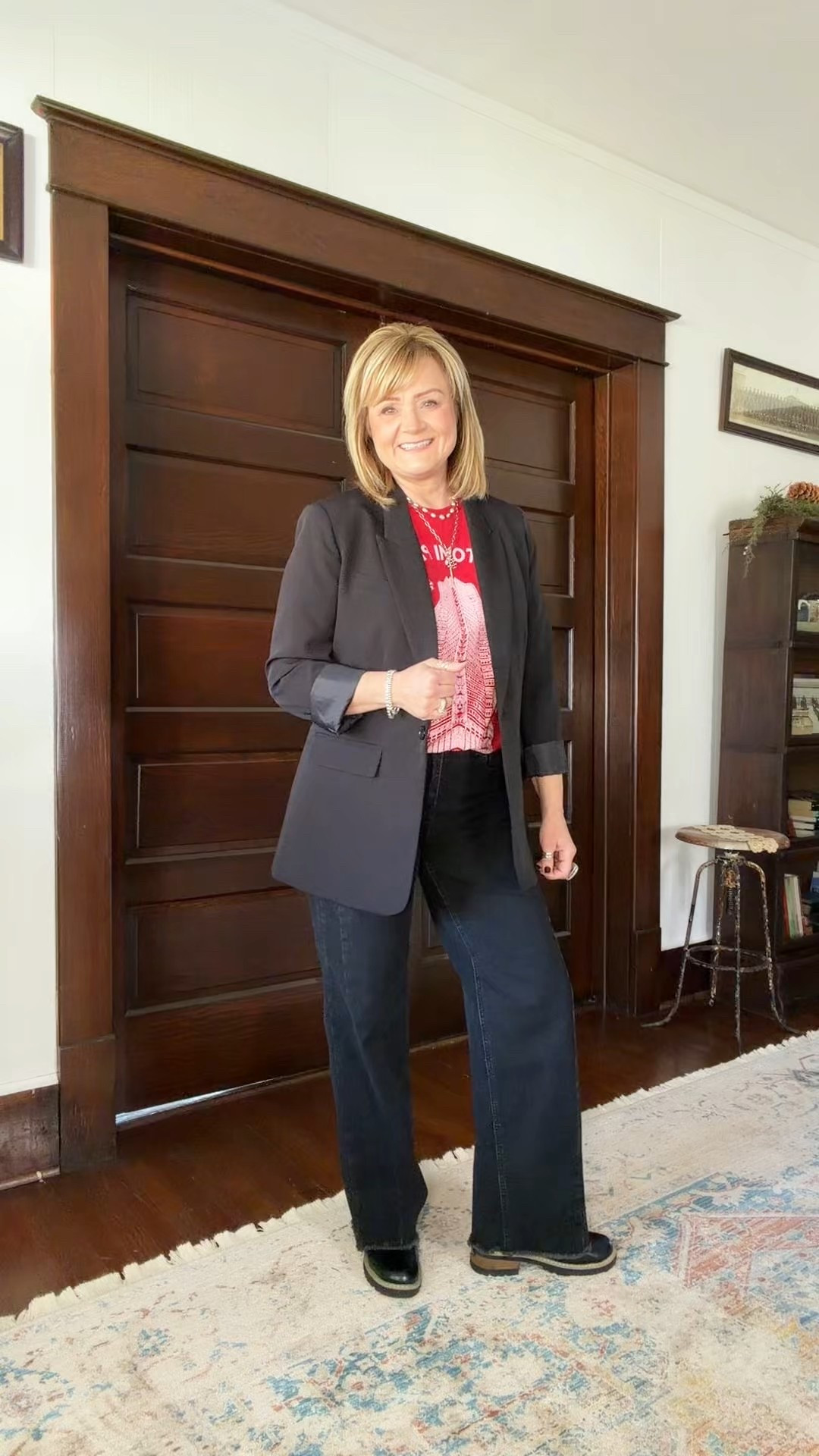 Holiday outfit.  
Christmas T-shirt, blazer and jeans. 
Die Hard Christmas T-shirt 

#LTKHoliday #LTKFindsUnder50 #LTKOver40