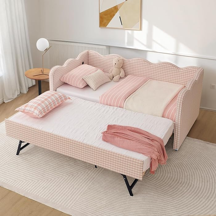 Twin To King Daybed with Pop Up Trundle, Upholstered Plaid Linen Day Bed Frame with USB Ports & W... | Amazon (US)
