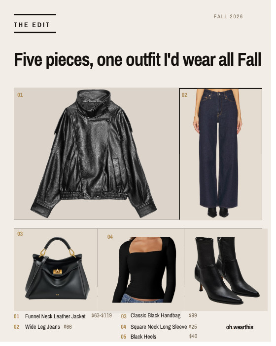 This is the fall outfit I'd put my money on before any other — five pieces, and each one earns its place three more times before December.

Why these five, specifically: the funnel neck does the job a scarf would, so nothing competes at the collar. The jean has to be dark and long enough to nearly cover the boot — that's the whole difference between dinner and errands. And the heeled ankle boot is the one piece I wouldn't substitute; a flat pulls the entire look casual and you lose the line of the wide leg.

Wear it to dinner, a fall birthday, a flight, a first date, a night you want to look put together without thinking about it.

I've linked all five. I earn a commission when you shop these.

fall outfit · black leather jacket outfit · wide leg jeans outfit · pointed toe ankle boots · square neck top · fall capsule wardrobe · date night outfit fall · going out outfit fall 

 #LTKgrwm #LTKootd #LTKSeasonal