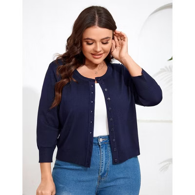 YESFASHION Women Plus Size Cardigan Round Neck Button Down 3/4 Sleeve Top Solid Casual Cardigan, Navy Blue, 2XL | Target