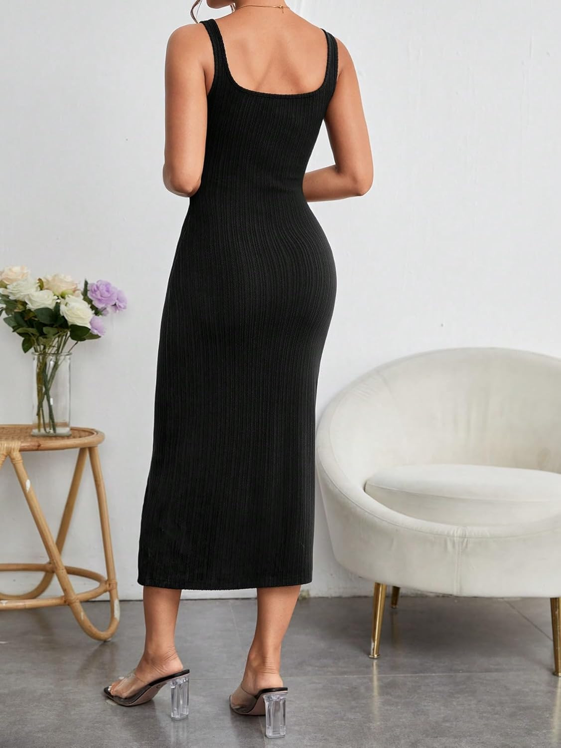 Floerns Women's Solid Sleeveless Ribbed Knit Square Neck Pencil Long Dress | Amazon (US)