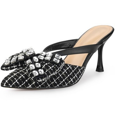 Allegra K Women's Pointed Toe Sparkly Rhinestone Bow Stiletto Heels Mules Black 7 | Target