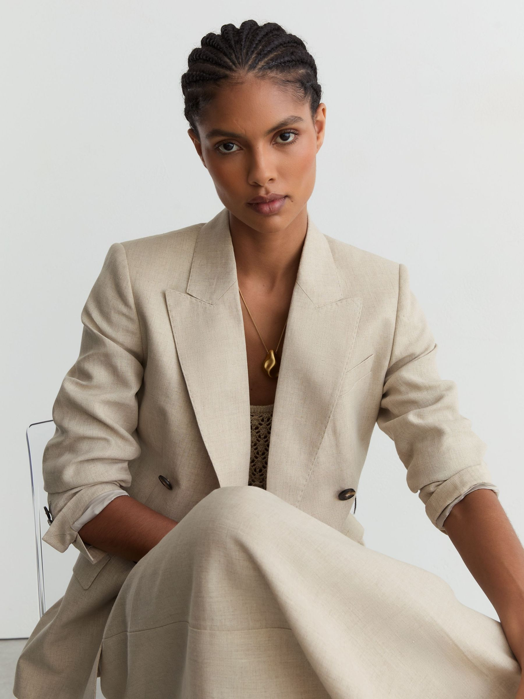 Reiss Linen Double-Breasted Suit Blazer in Neutral | REISS | Reiss US