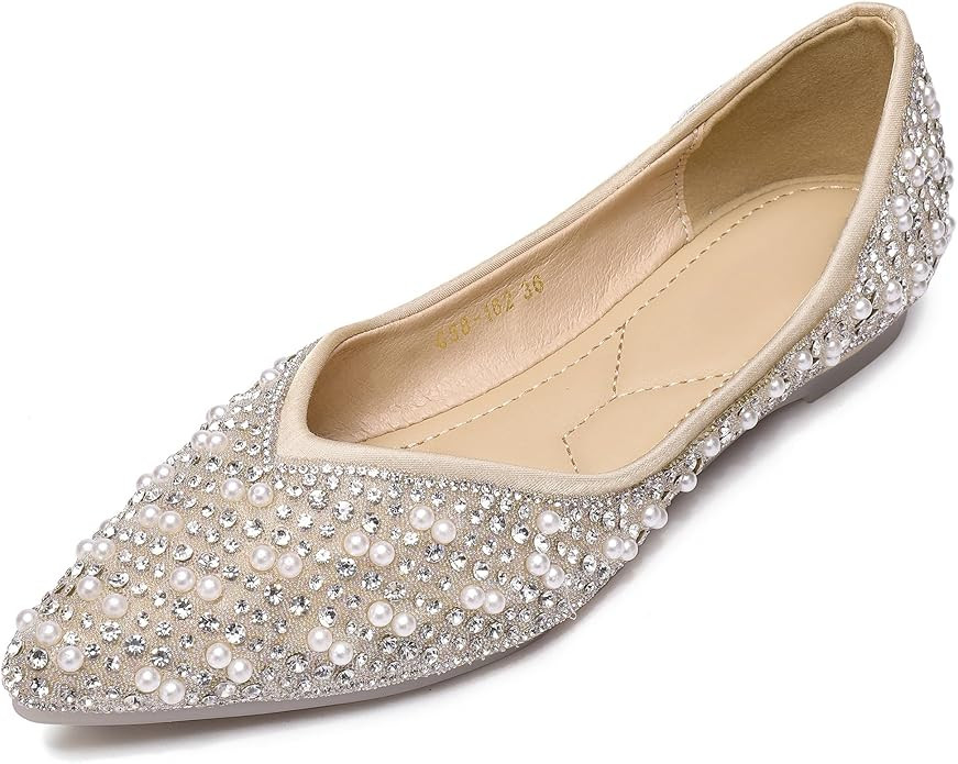 Women's Rhinestone Flats Fashion Pointed Toe Pearl Diamond Low Heel Dress Wedding Flats Work Busi... | Amazon (US)