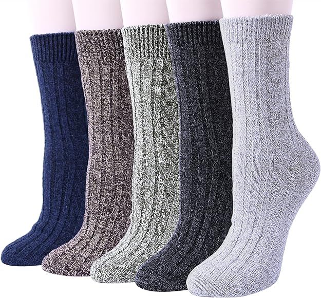 Womens Wool Socks, 5 Pairs Vintage Thick Knit Winter Warm Socks for Women Men Gifts | Amazon (US)