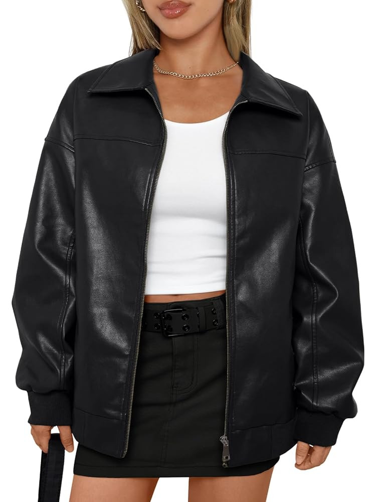 AUTOMET Womens Oversized Leather Jackets Zip Up Coats Faux Motorcycle Bomber Outfits Fall Trendy ... | Amazon (US)