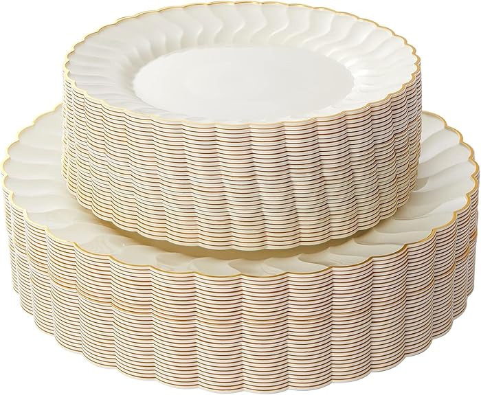 Lullaby 60PCS Ivory Scalloped Plastic Plates with Gold Rim, Disposable Elegant Plates Include 30p... | Amazon (US)
