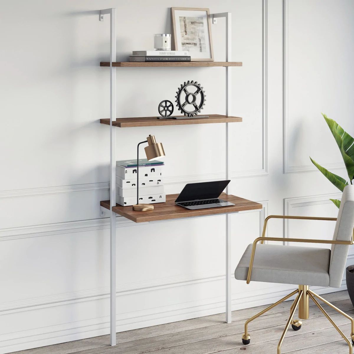 Theo 2-Shelf Industrial Wall Mount Ladder Table, Small Computer or Writing Desk, Nutmeg/Matte Bla... | Nathan James