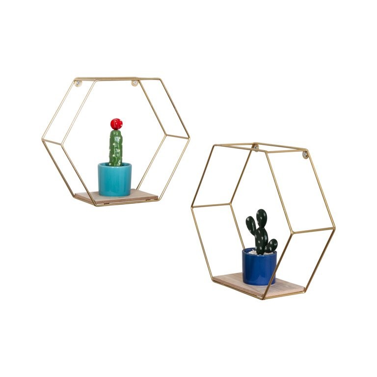 Honey-Can-Do Set of Hexagonal Decorative Metal Wall Shelves, Gold | Walmart (US)