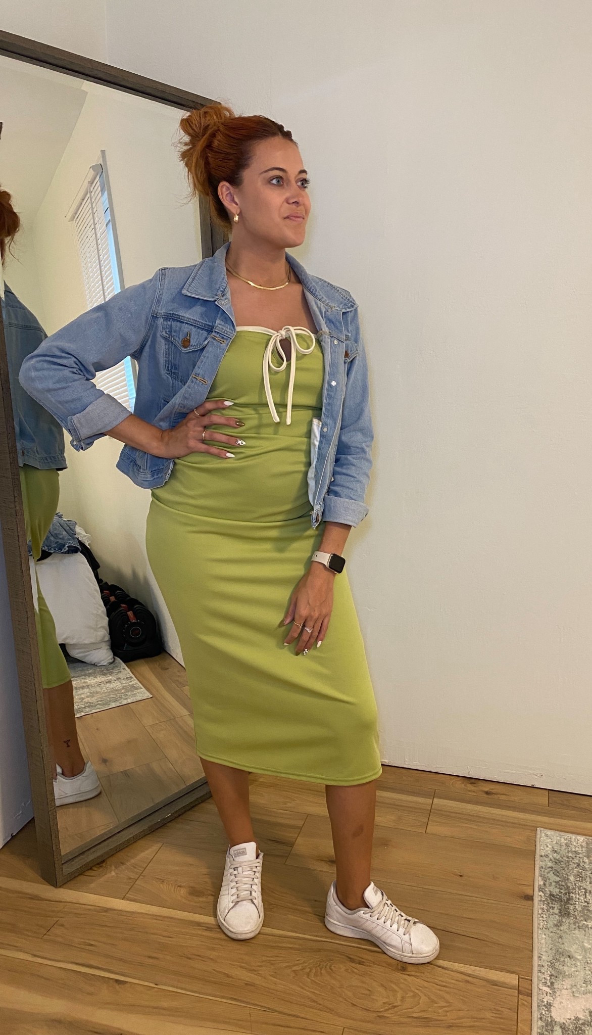 Business Casual, Dress, Amazon, Adidas, CIDER, Green dress, denim jacket, Casual Outfit, Simple Outfit 

 #LTKFindsUnder50 #LTKStyleTip