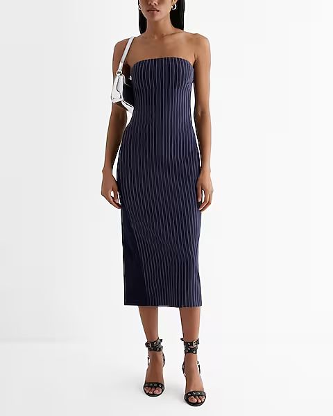 Pinstripe Denim Back Strapless Midi Sheath Dress | Express