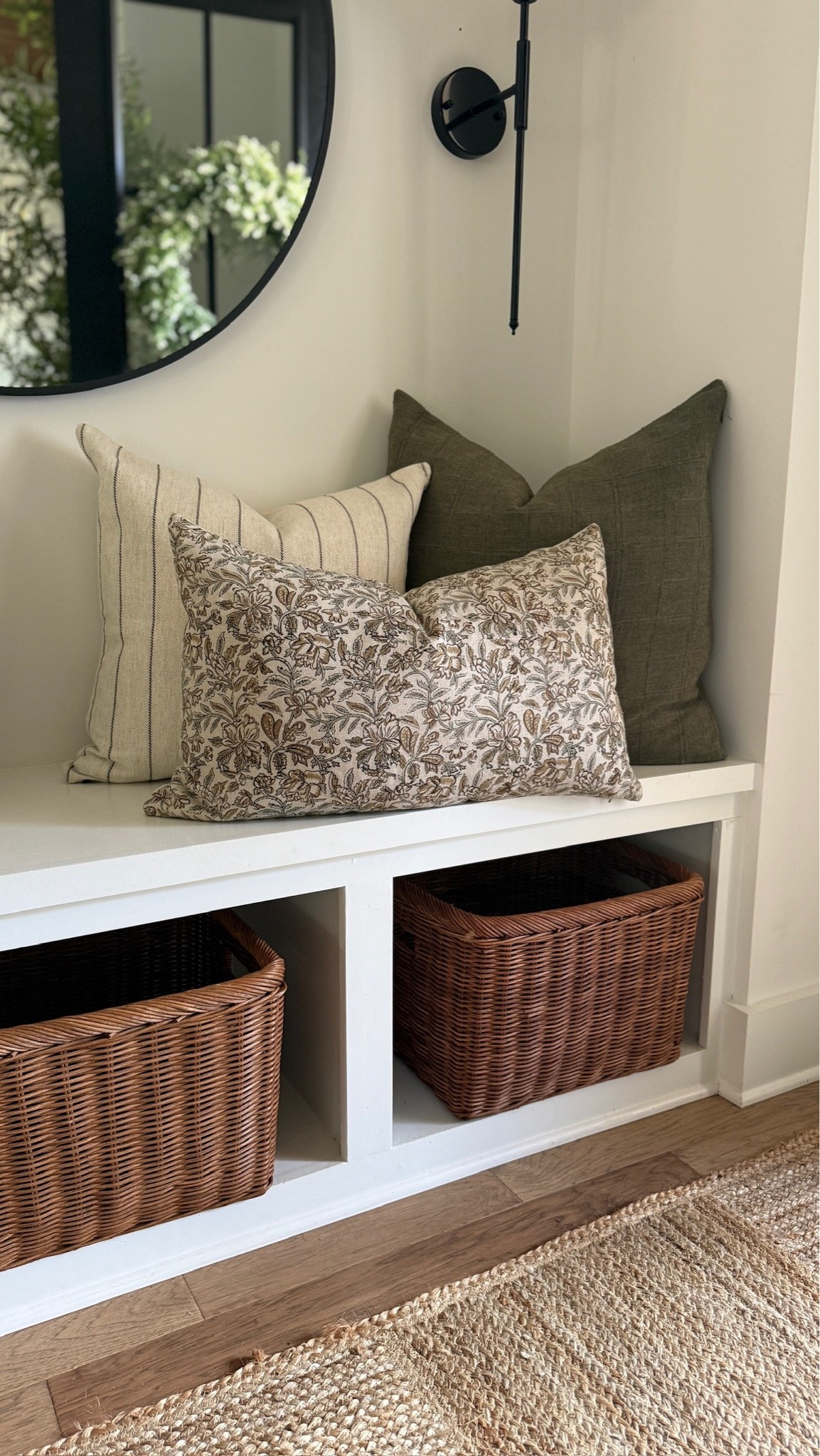 These patterned throw pillows in our cozy entryway bench are the perfect transition from summer to fall. 🤩🤍 This space is my favorite part of our entryway, allowing guests to take a seat, our girls to take off their shoes, and it just adds a cozy element. Perfectly modern and a warm welcome!

#LTKHome