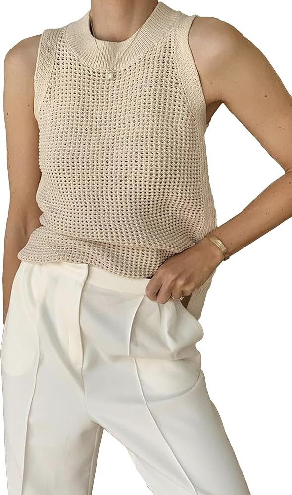 Famulily Women's Summer Knit Tank Top Sleeveless Hollow Out Tops Round Neck Crochet Knitted Cami ... | Amazon (US)