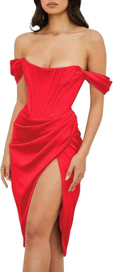 Womens Off Shoulder Split Bustier Corset Satin Dress Strapless Push Up Backless High Slit Bodycon... | Amazon (US)