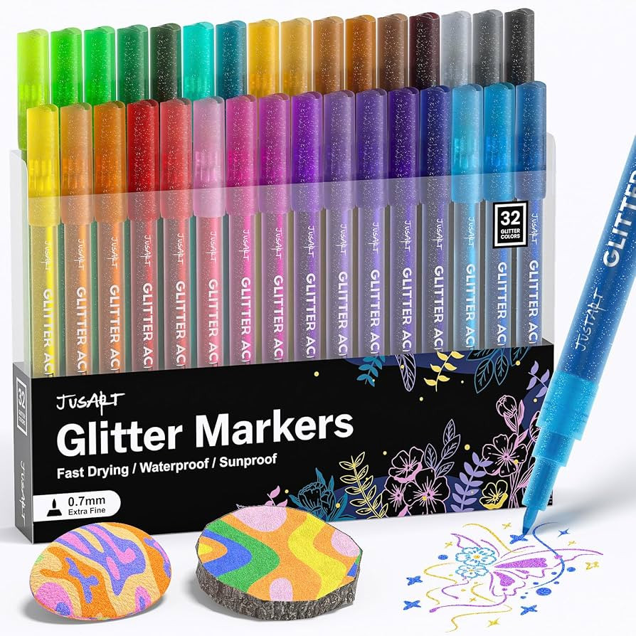 JusArt 32 Colors Acrylic Glitter Markers, Glitter Paint Pens, 0.7mm Fine Point Tip Metallic Glitt... | Amazon (US)