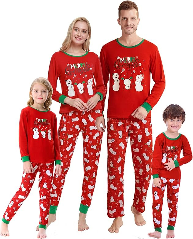 MyFav Christmas Pajamas for Family Cute Snowman Print Long Sleeve PJS Set | Amazon (US)