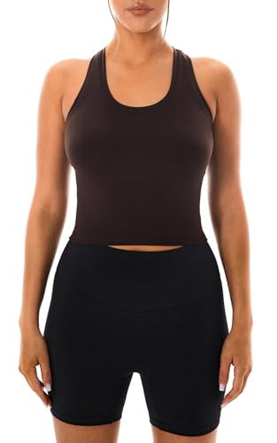 Lavento Women's Racerback Workout Tank Top Cropped Length - Sports Yoga Tops Active Sleeveless Shirts (Coffee Brown, Medium) | Amazon (US)