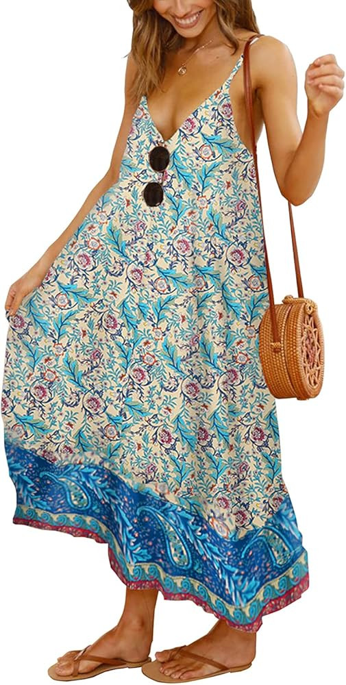 KIRUNDO Summer Women’s Spaghetti Maxi Dress V Neck High Waist Backless Adjustable Straps Floral... | Amazon (US)