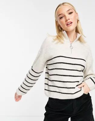 Vero Moda FRSH half zip sweater in cream and black stripe | ASOS (Global)