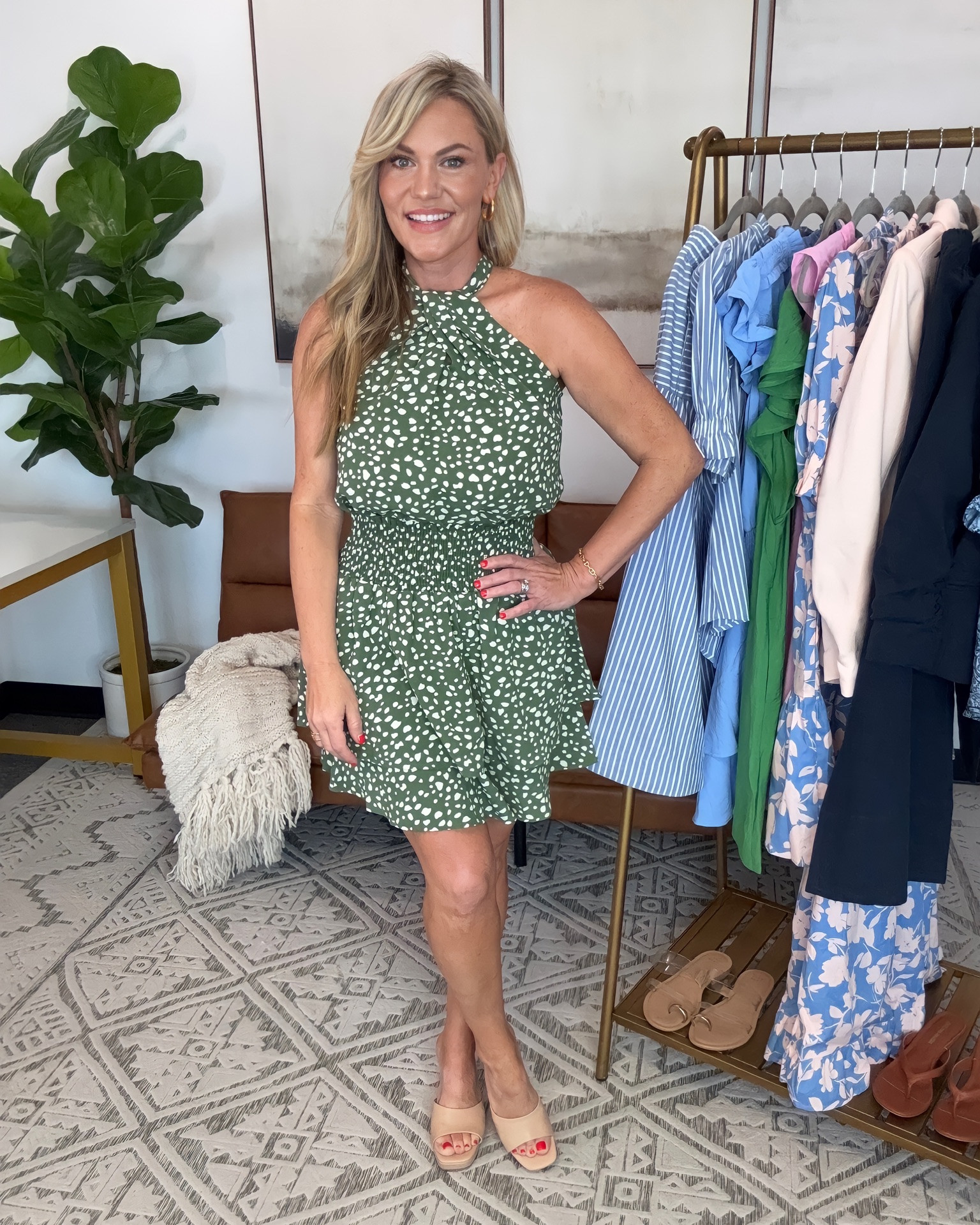 This Gibsonlook halter dress features a smocked waist, soft draping through the bodice, and an olive green print that works well styled with neutral accessories. The shorter length and defined waist give it shape without feeling restrictive, and the lightweight fabric makes it a practical option for warm weather styling. This style also layers well with a denim jacket or neutral cardigan for casual everyday wear.

Dress: Small
Shoes: 7.5
Bra Size: 34DD
Height: 5’2

gibsonlook  halter dress  green print dress  smocked waist dress  casual dress outfit  vacation outfit  resort wear  spring outfit  summer dress outfit  petite fashion  feminine style  neutral accessories  printed dress  lightweight dress  elevated casual outfit  everyday style  AudrieDollins

#LTKOver40 #LTKootd #LTKSeasonal