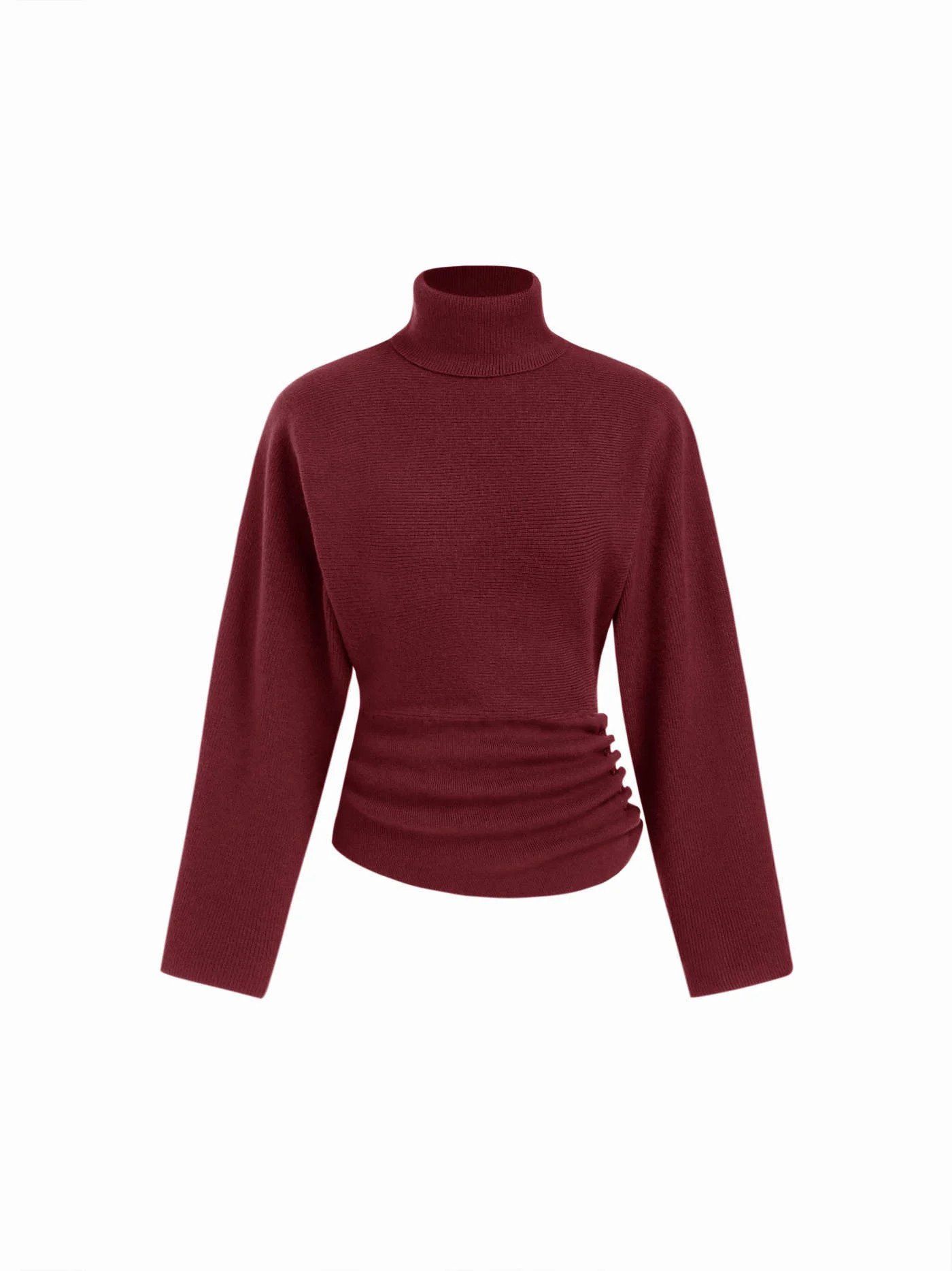 Knit Turtleneck Long Sleeve Button Side Ruched Cinched Waist Top | Cider