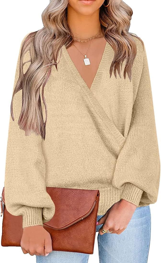 LookbookStore Fall Sweaters for Woman Women's Knit Long Sleeve Faux Wrap Surplice V Neck Sweater ... | Amazon (US)